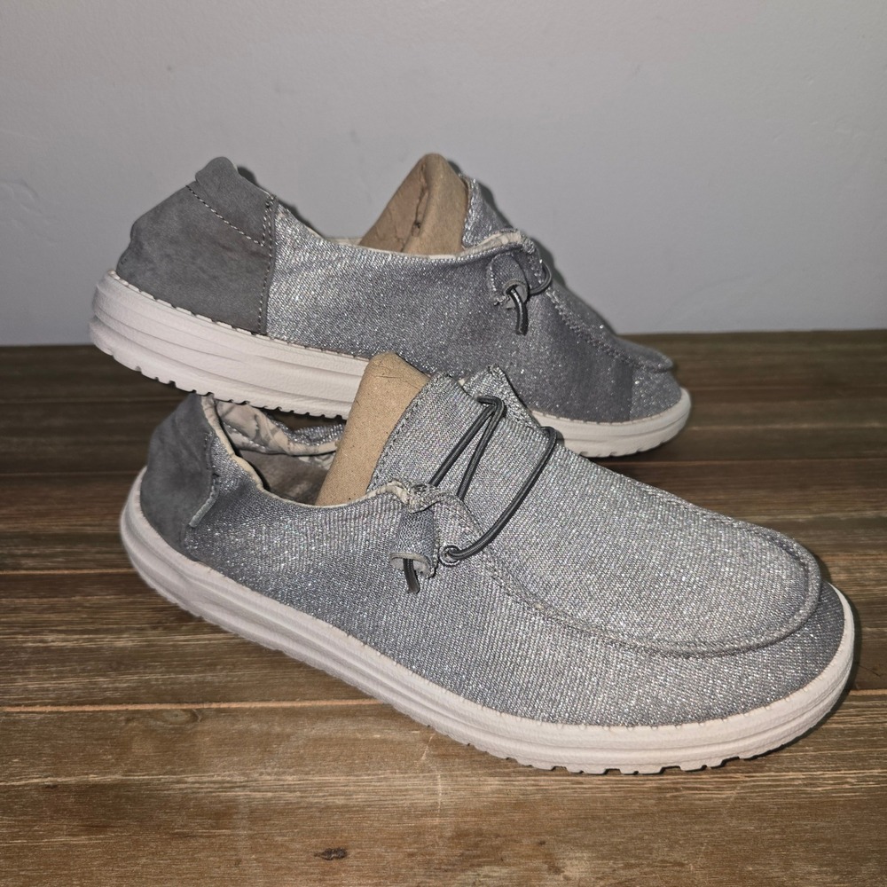 Hey Dude Wendy Stretch Sparkling Grey Metallic Slip On Loafers  Size 10